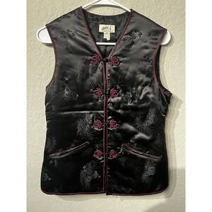 Vintage Chinese Silk Brocade Vest Black Red Trim Frog Closure Floral Pattern - M